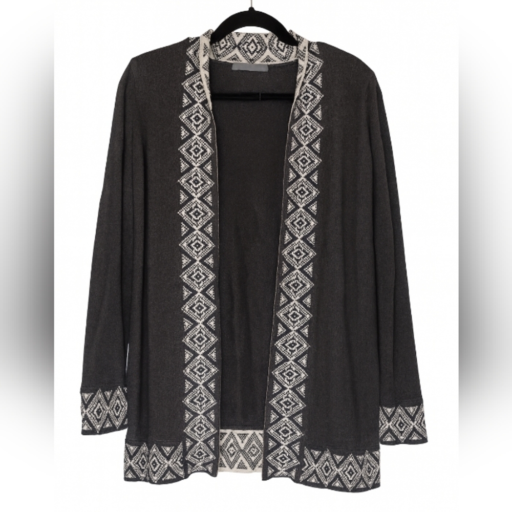 Octavia Open Front Cardigan Gray Black Aztec Trim‎ Cotton Viscose Cashmere Small